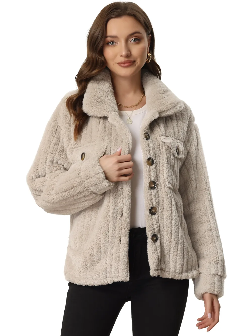 Allegra K - Button Down Fuzzy Fleece Teddy Coats