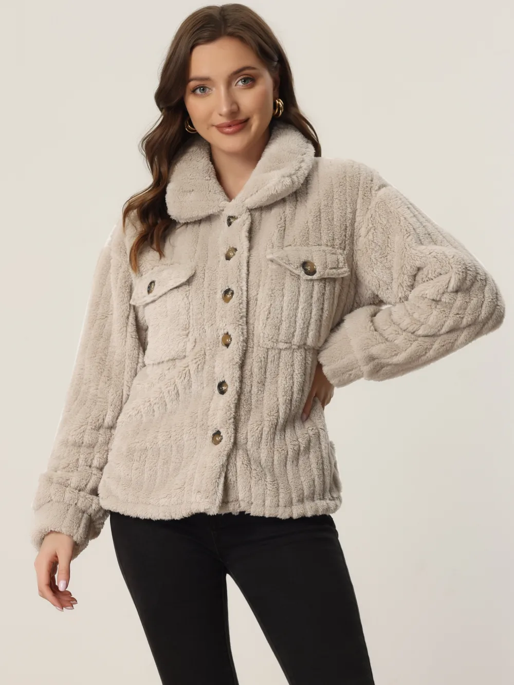 Allegra K - Button Down Fuzzy Fleece Teddy Coats