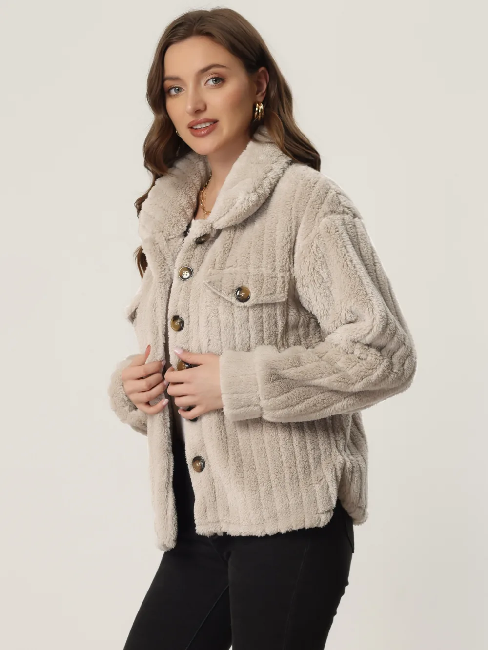 Allegra K - Button Down Fuzzy Fleece Teddy Coats