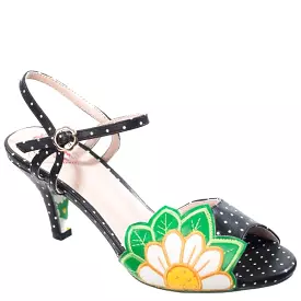 Black Polka Dot Floral Embroidered Open Toe Sandals