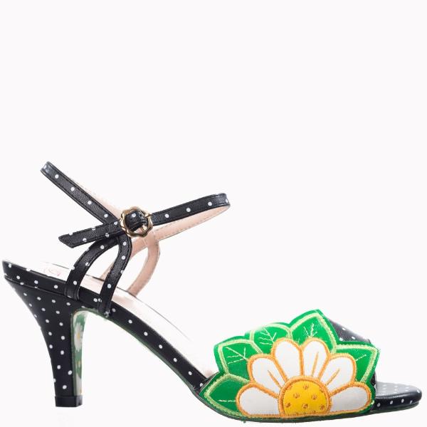 Black Polka Dot Floral Embroidered Open Toe Sandals