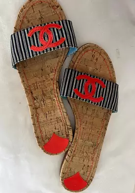 Chanel Stripe denim Summer Slides Orange CC Cork Sandals EU 39.5 US 8.5/9