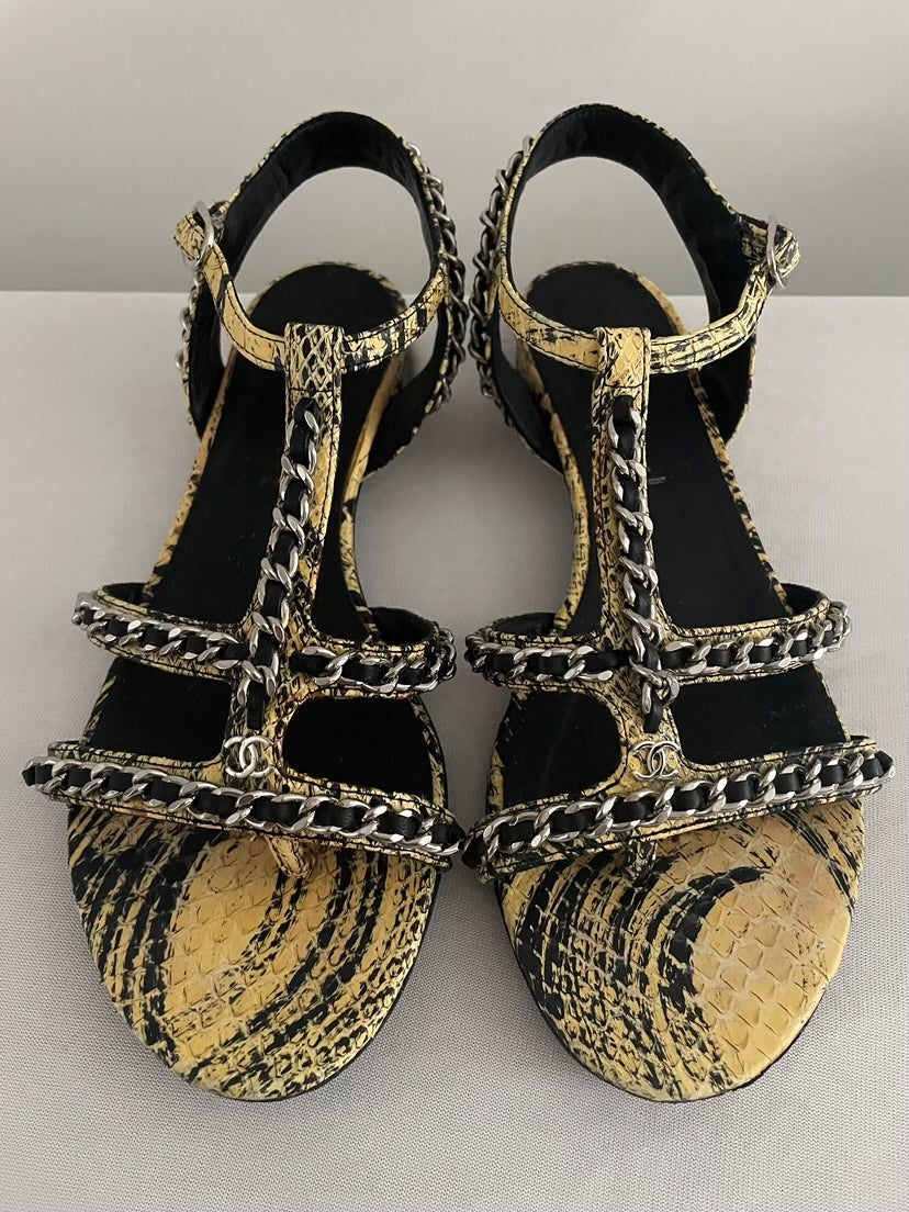 Chanel Yellow Python CC Logo Chain Detail Flat Sandals