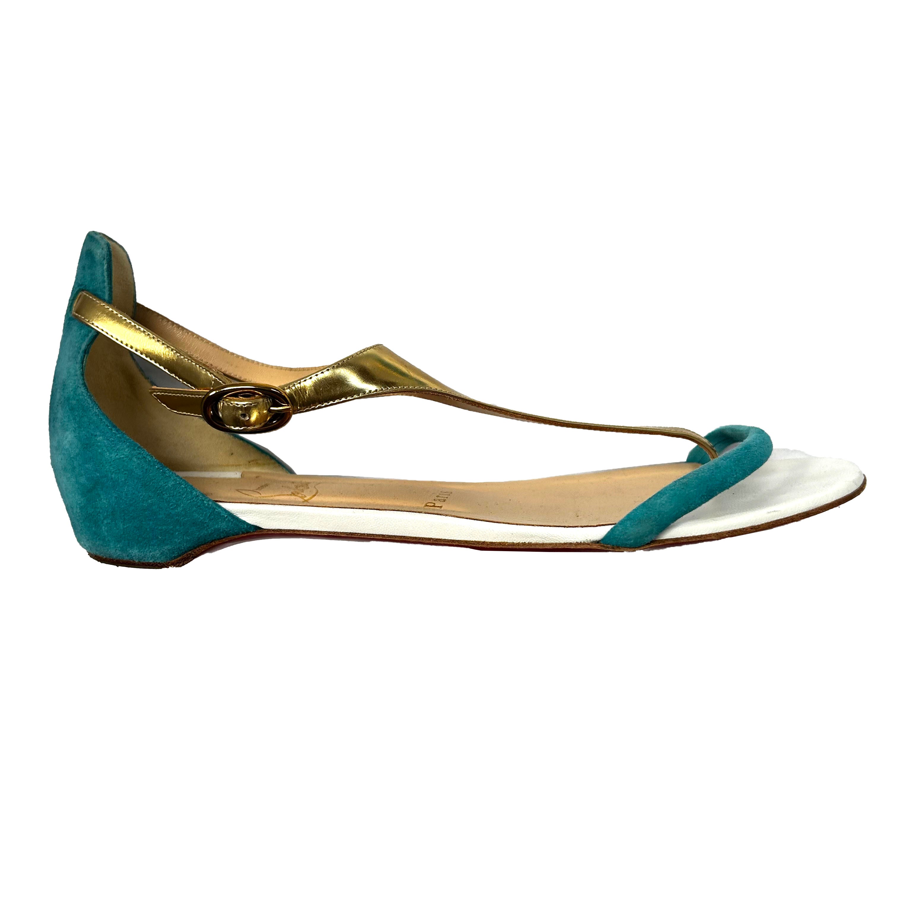 Christian Louboutin Aqua Suede & Gold leather Flat Sandals 39.5