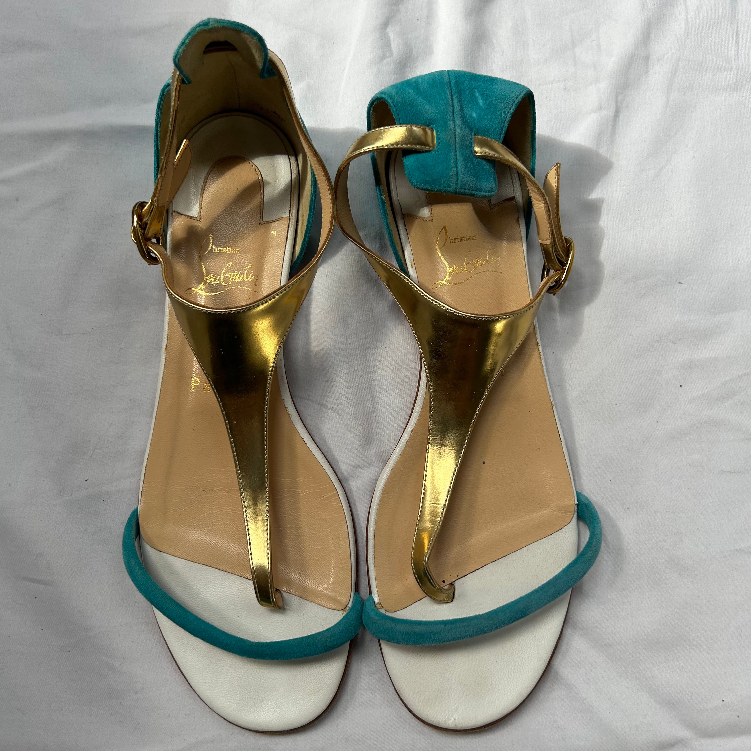 Christian Louboutin Aqua Suede & Gold leather Flat Sandals 39.5