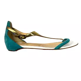 Christian Louboutin Aqua Suede & Gold leather Flat Sandals 39.5