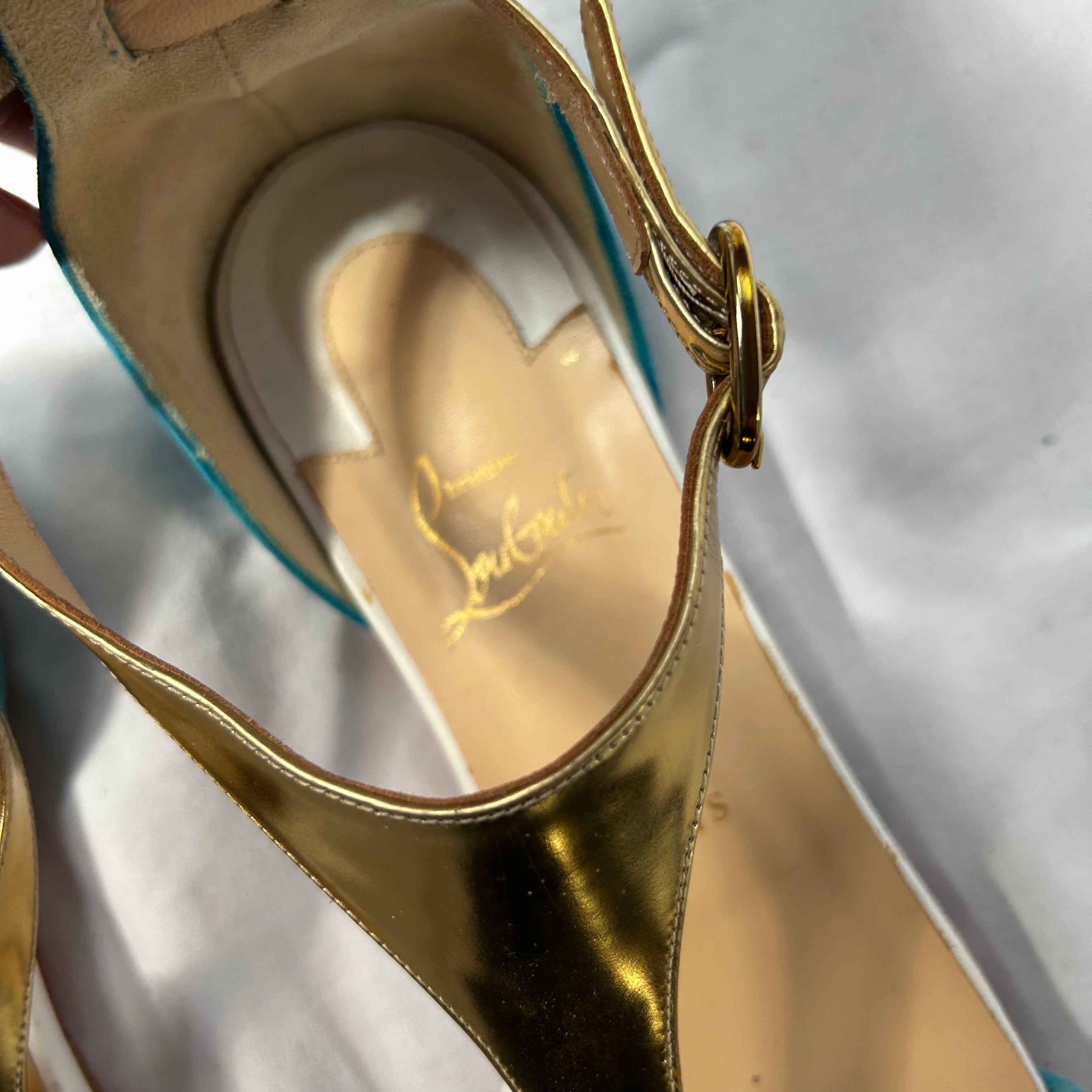 Christian Louboutin Aqua Suede & Gold leather Flat Sandals 39.5