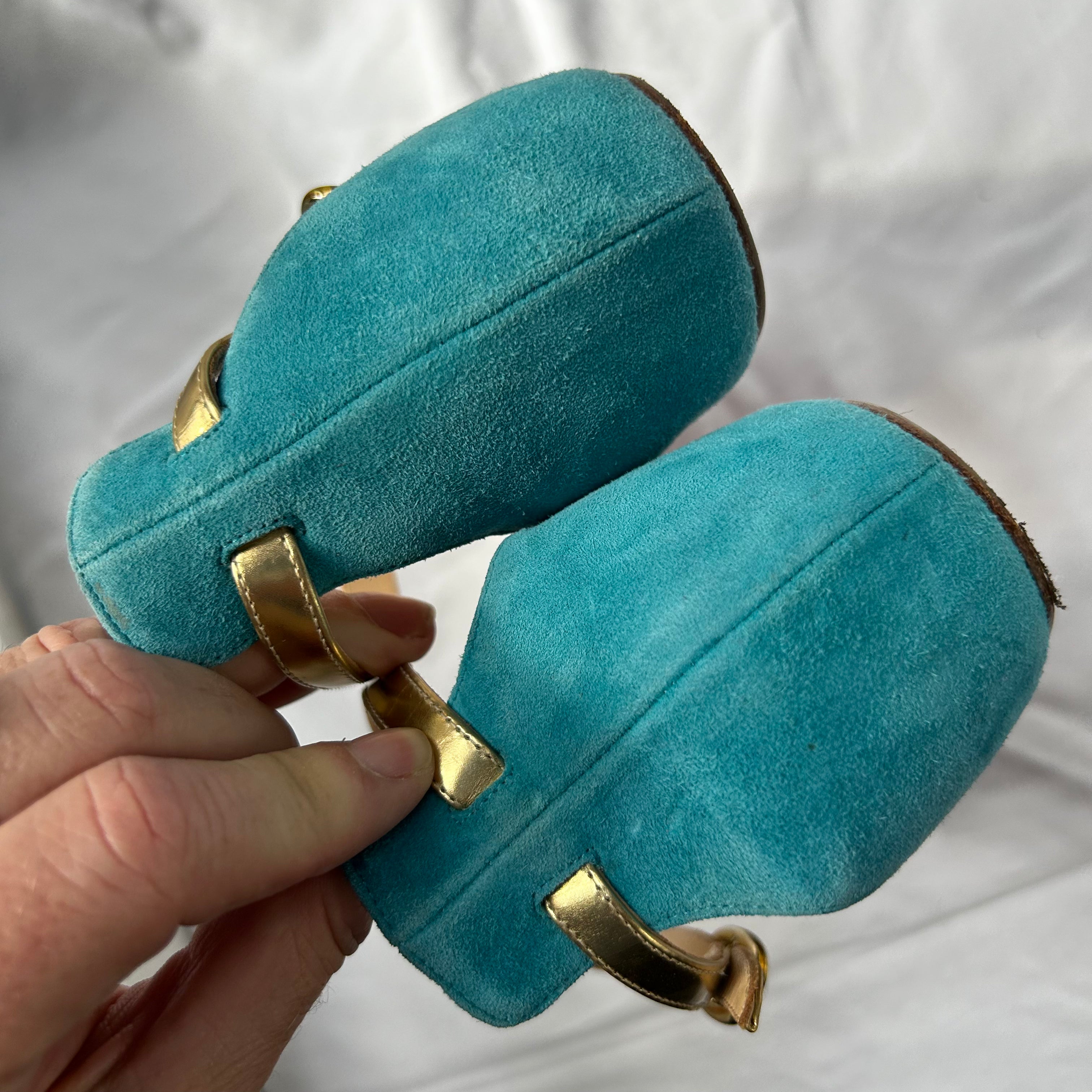 Christian Louboutin Aqua Suede & Gold leather Flat Sandals 39.5