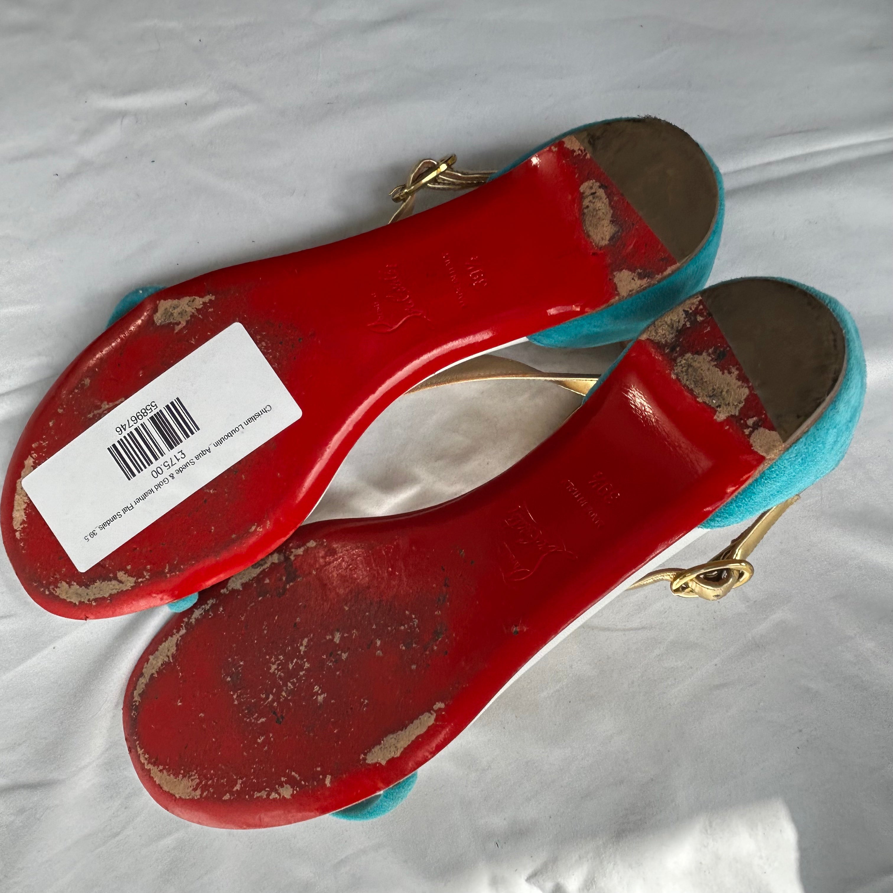 Christian Louboutin Aqua Suede & Gold leather Flat Sandals 39.5