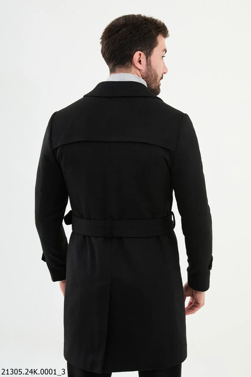 Classic Men's Black Belted Overcoat with Asymmetrical Button.