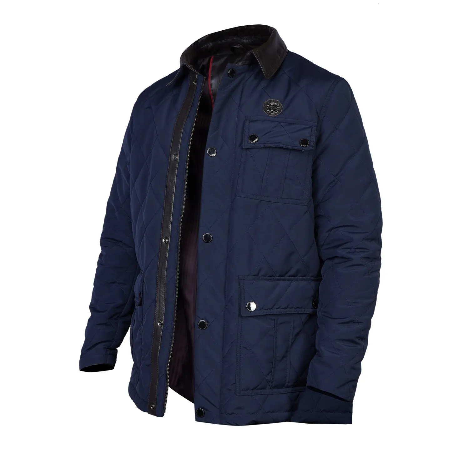 Contrasting Blue Puffer Jacket with Multi Flap Pockets