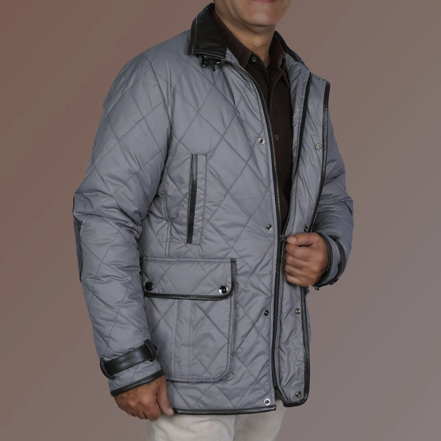 Contrasting Leather Trims Grey Puffer Coat Jacket For Men