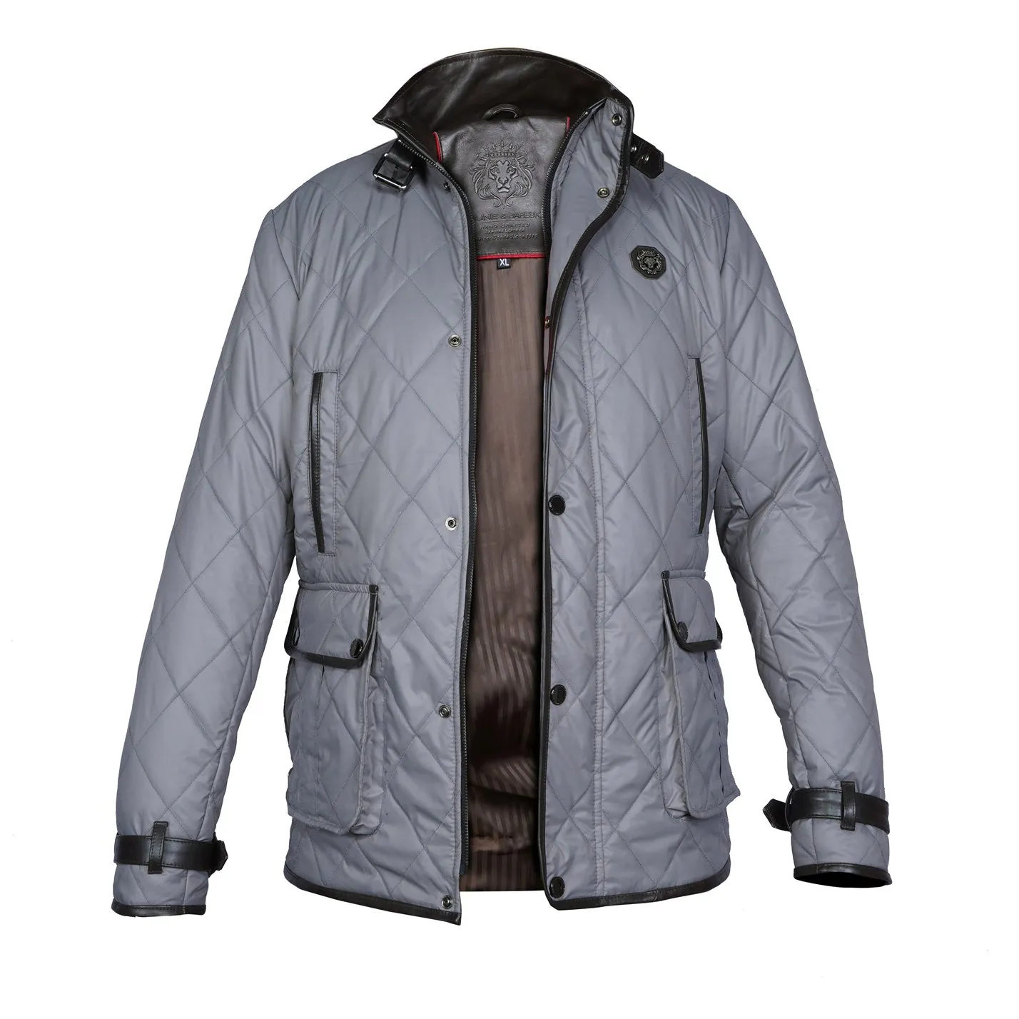 Contrasting Leather Trims Grey Puffer Coat Jacket For Men