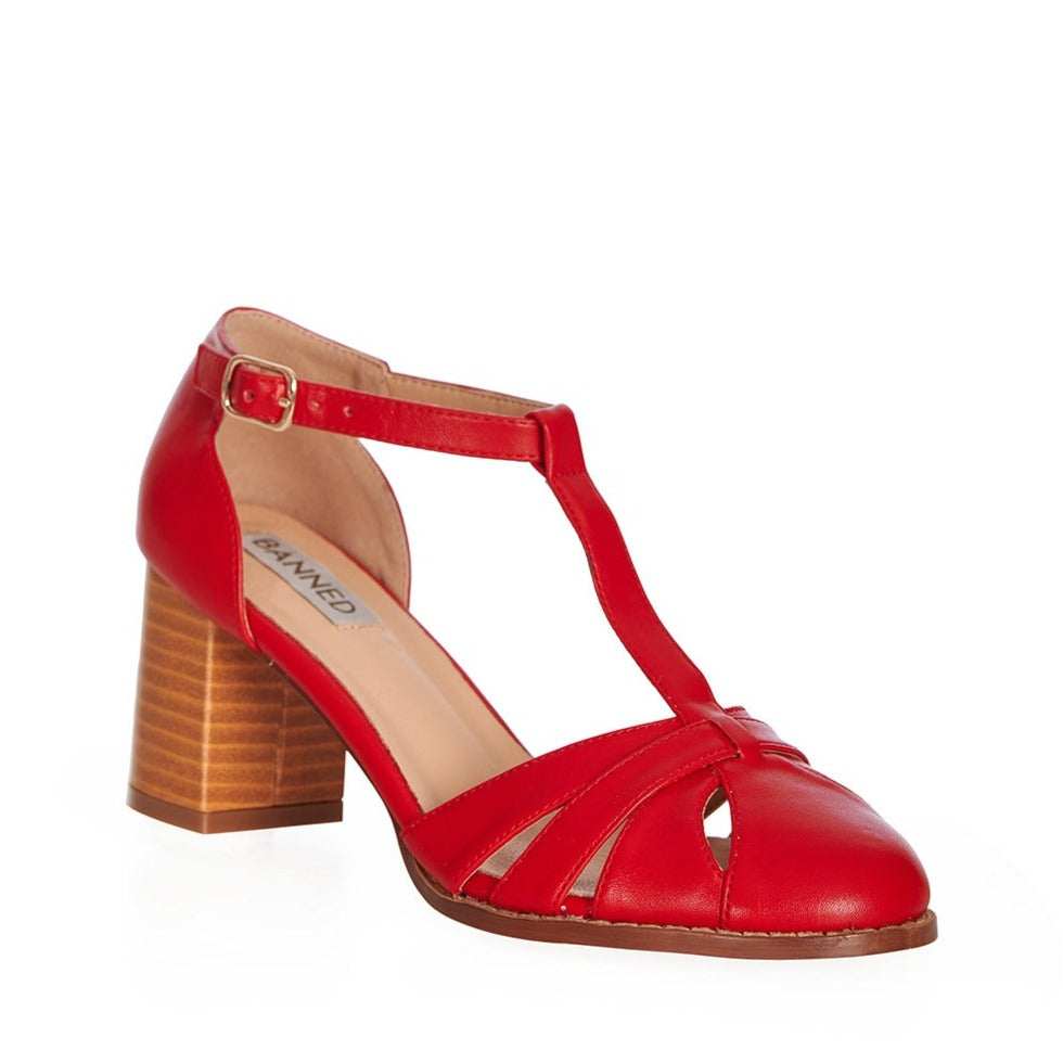 Coral Red Cut Out Sandals with Chunky Heel