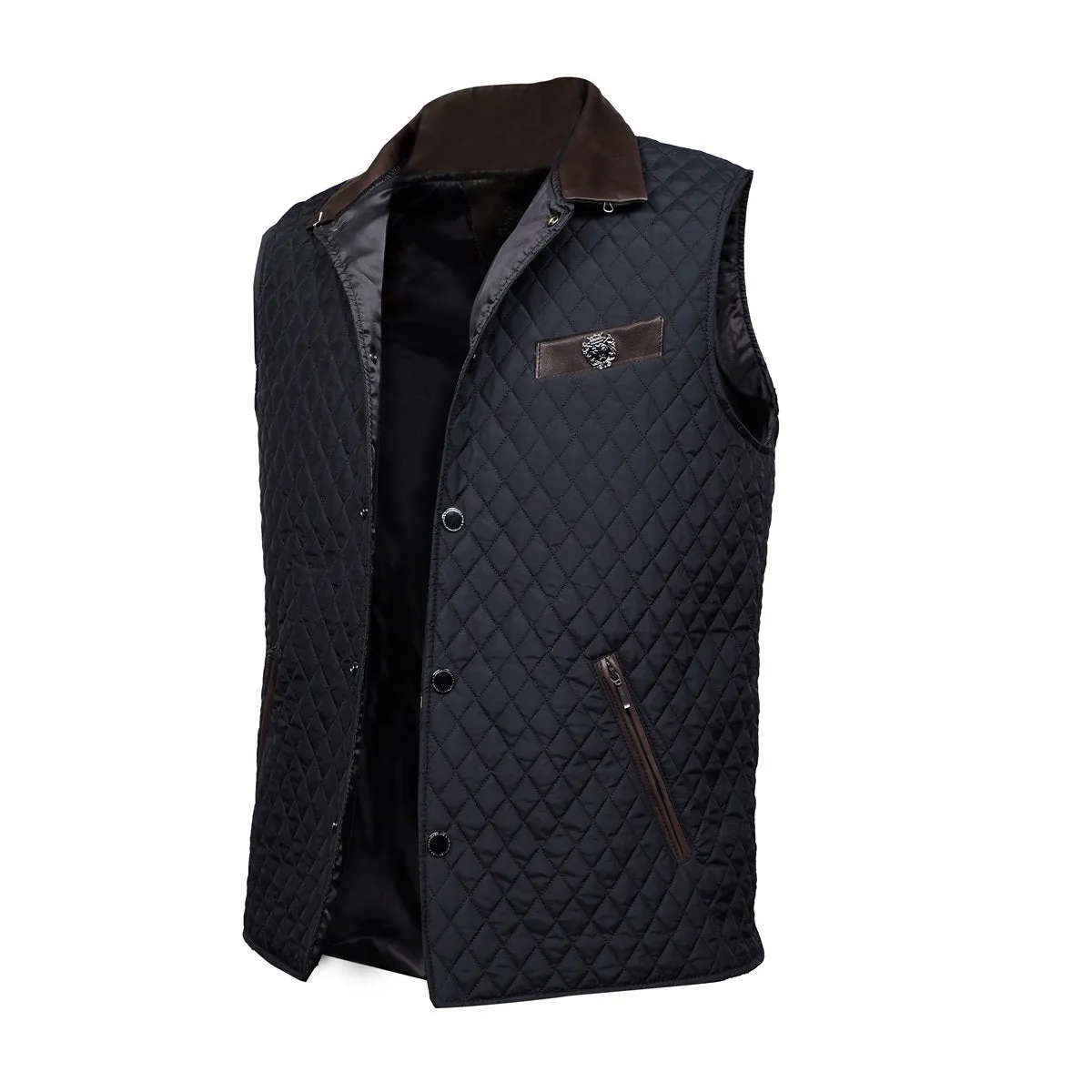 Diamond Stitched Black Puffer Vest with Dark Brown Leather Trims Collar & Pockets