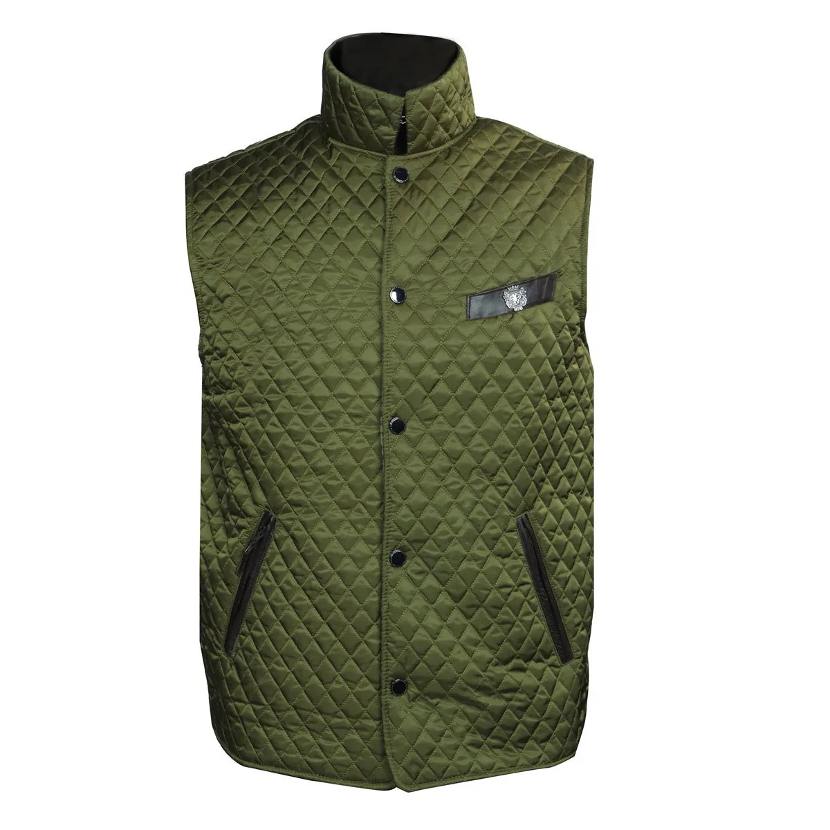 Diamond Stitched Green Puffer Vest With Black Leather Trims Collar & Pockets by Brune & Bareskin