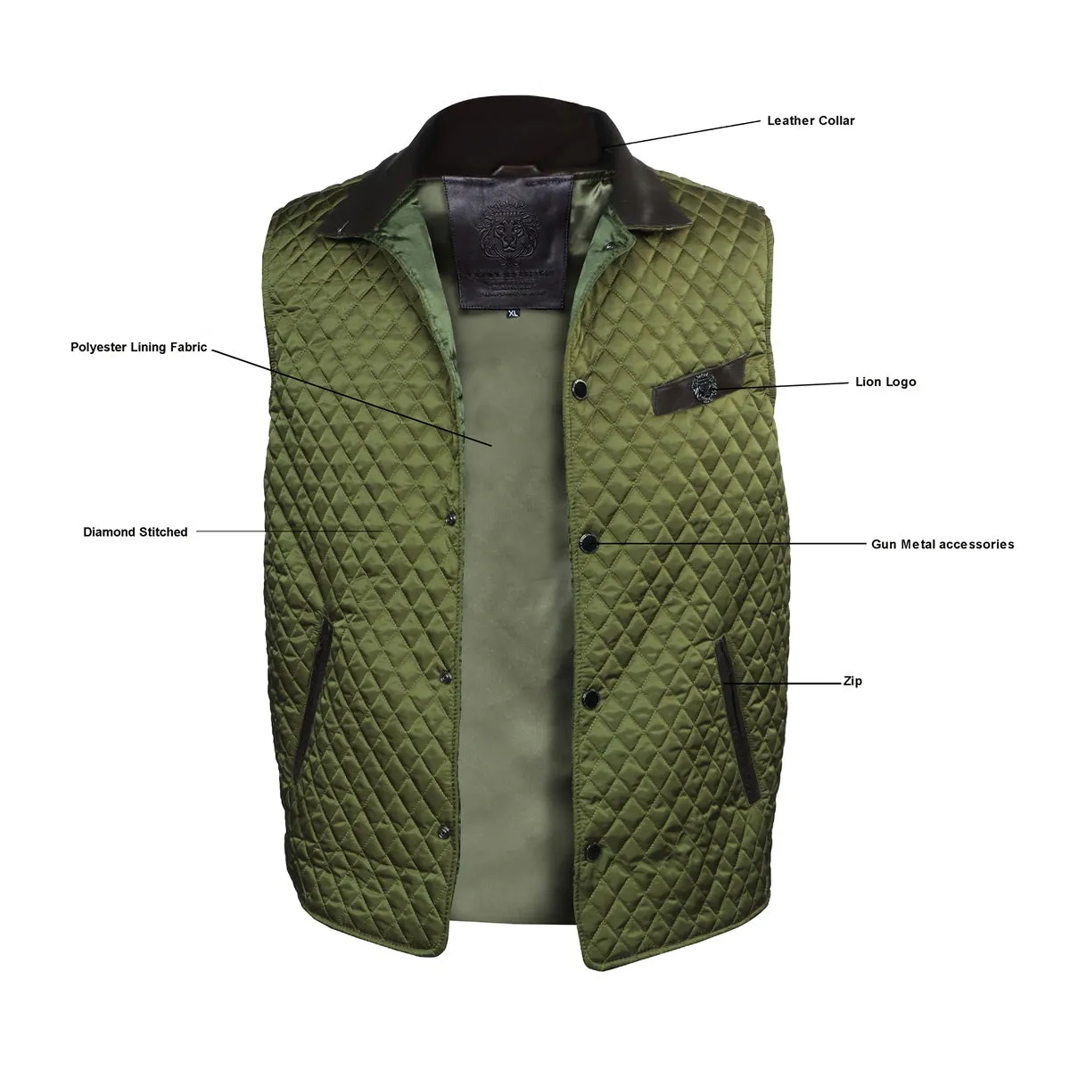 Diamond Stitched Green Puffer Vest With Black Leather Trims Collar & Pockets by Brune & Bareskin