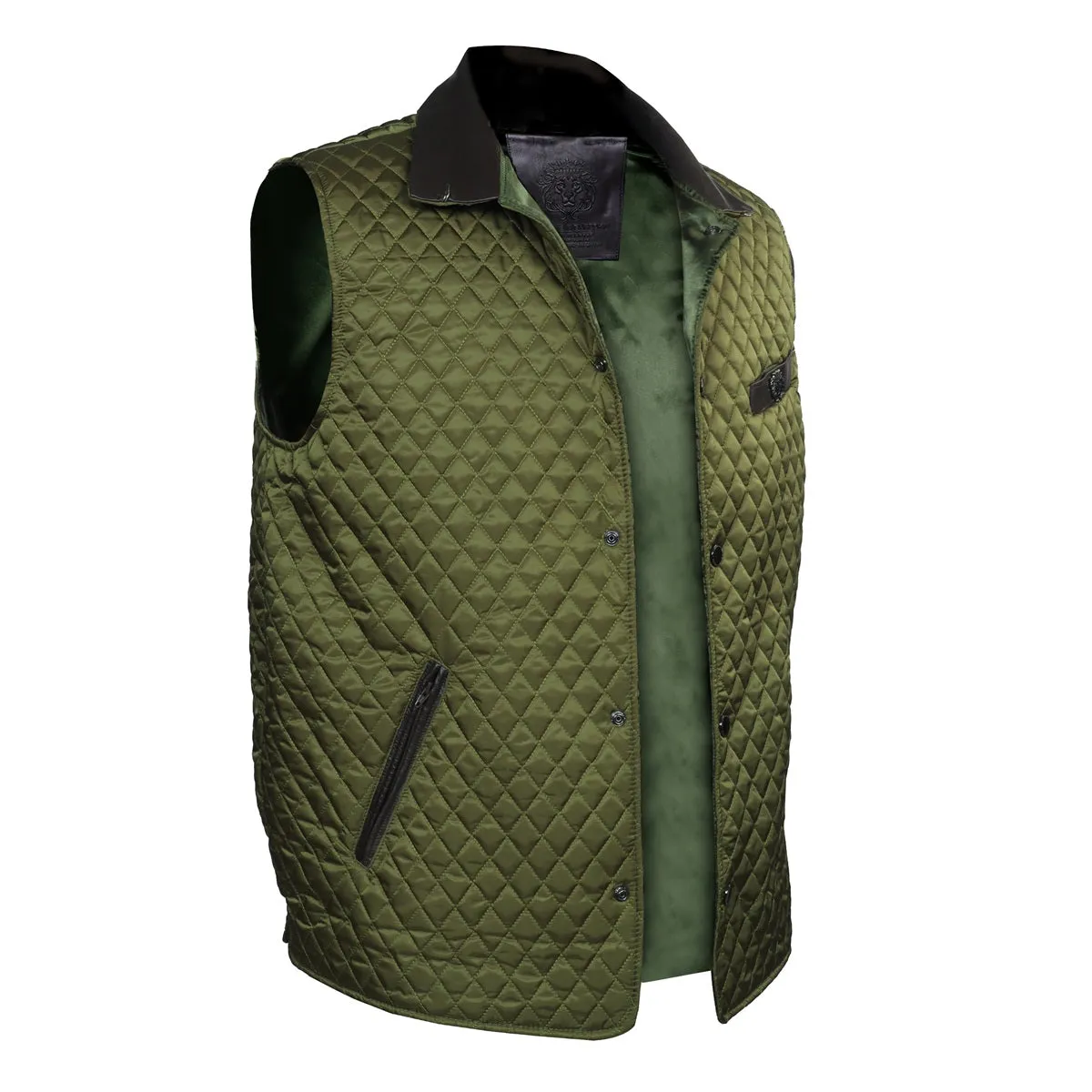 Diamond Stitched Green Puffer Vest With Black Leather Trims Collar & Pockets by Brune & Bareskin