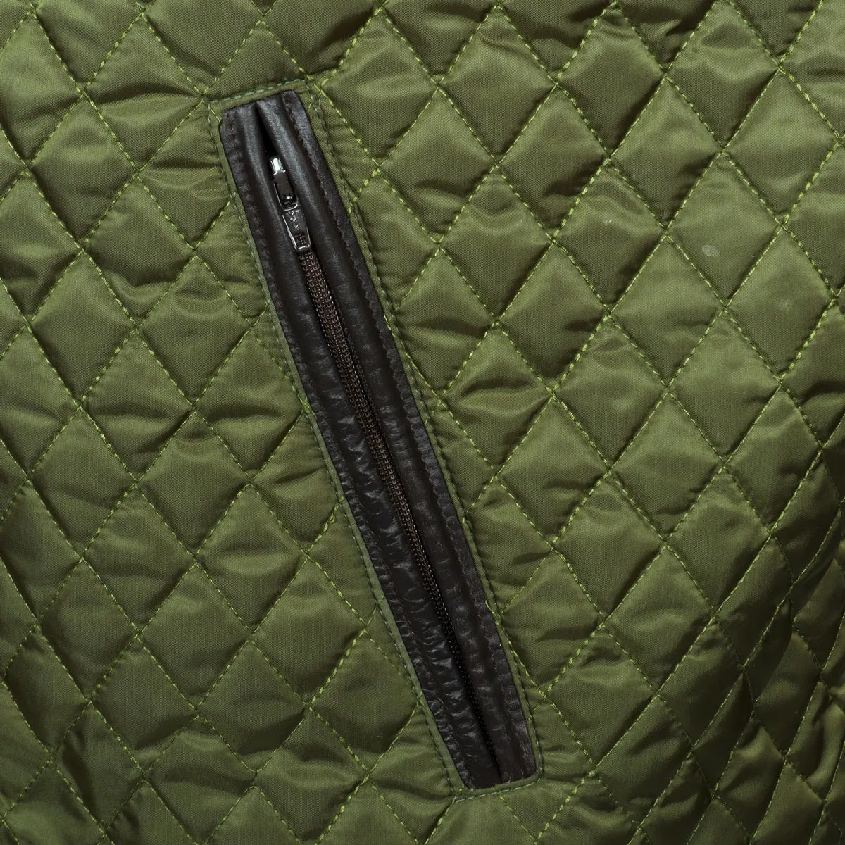 Diamond Stitched Green Puffer Vest With Black Leather Trims Collar & Pockets by Brune & Bareskin