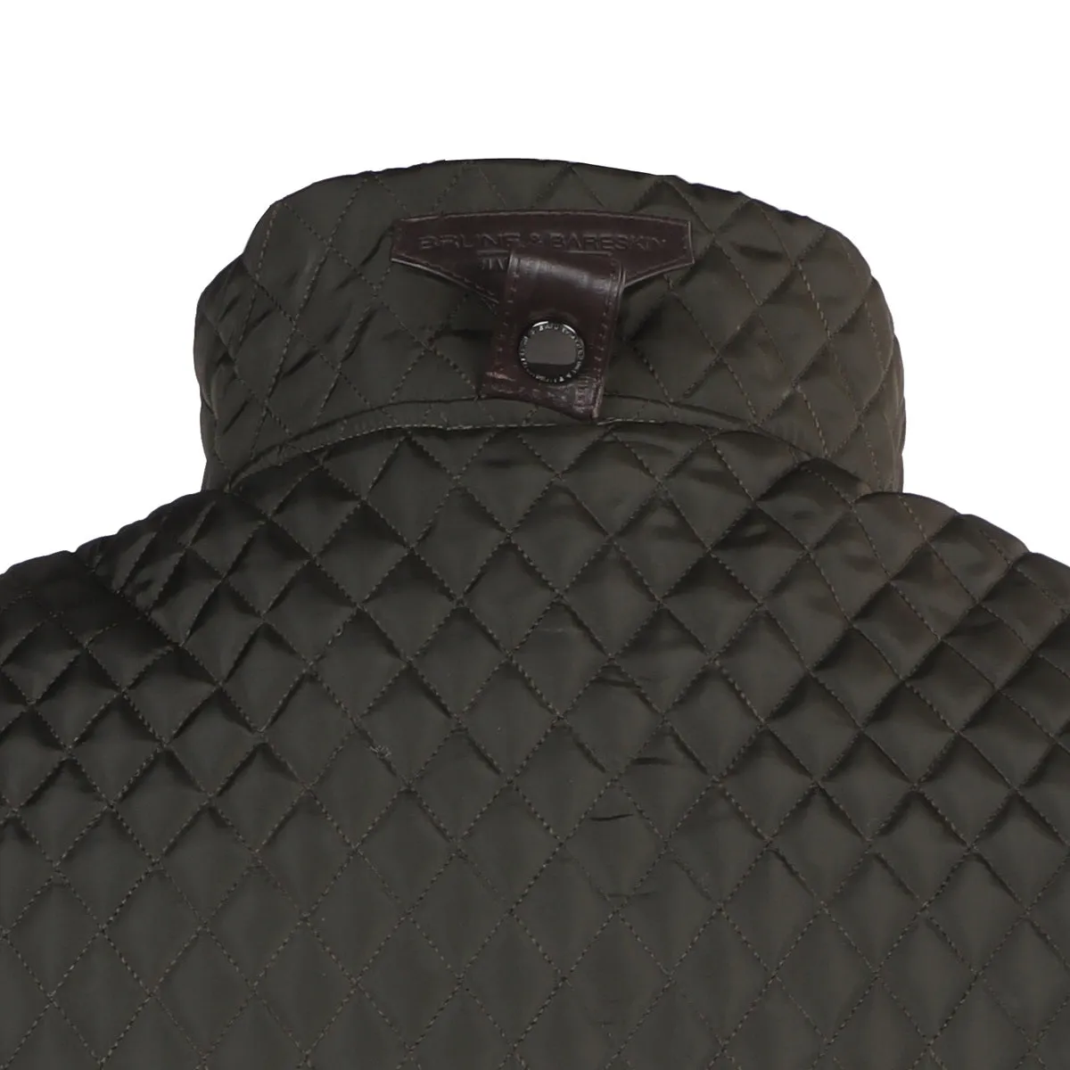 Diamond Stitched Olive Puffer Vest with Dark Brown Leather Trims Collar & Pockets by Brune & Bareskin