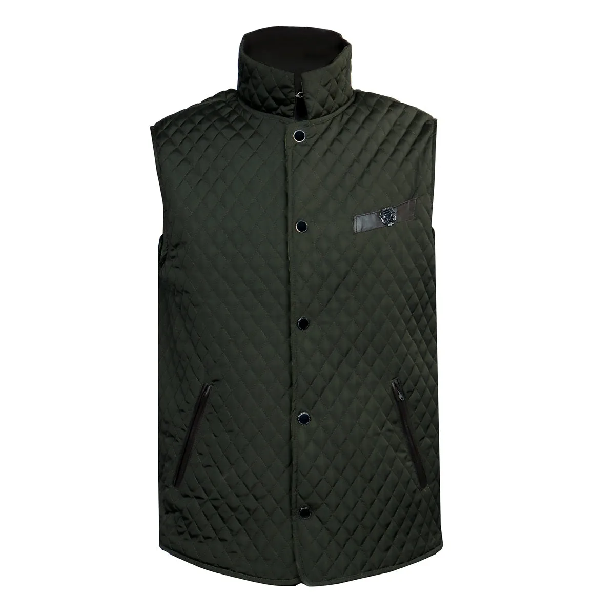 Diamond Stitched Olive Puffer Vest with Dark Brown Leather Trims Collar & Pockets by Brune & Bareskin