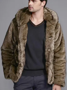 Faux Fur Coat Hooded Horn Toggle Brown Jacket Long Sleeve Men Winter Overcoat