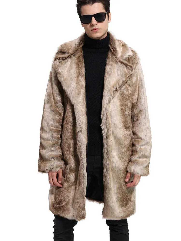 Faux Fur Coat Light Brown Casual Overcoat Two Tone Pattern Notch Collar Men Winter Overcoat