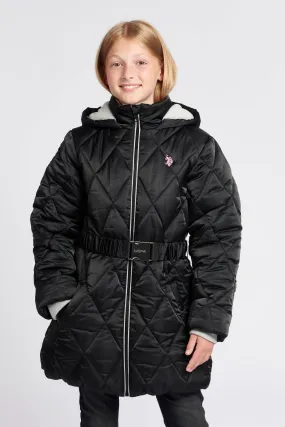 Girls Belted Puffer Coat in Black