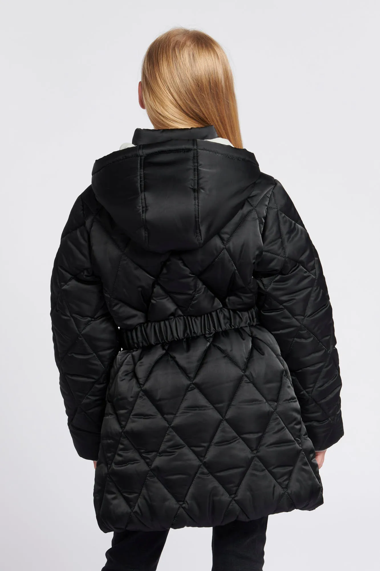 Girls Belted Puffer Coat in Black