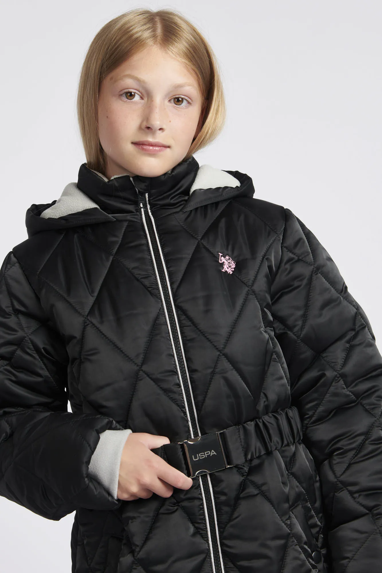 Girls Belted Puffer Coat in Black