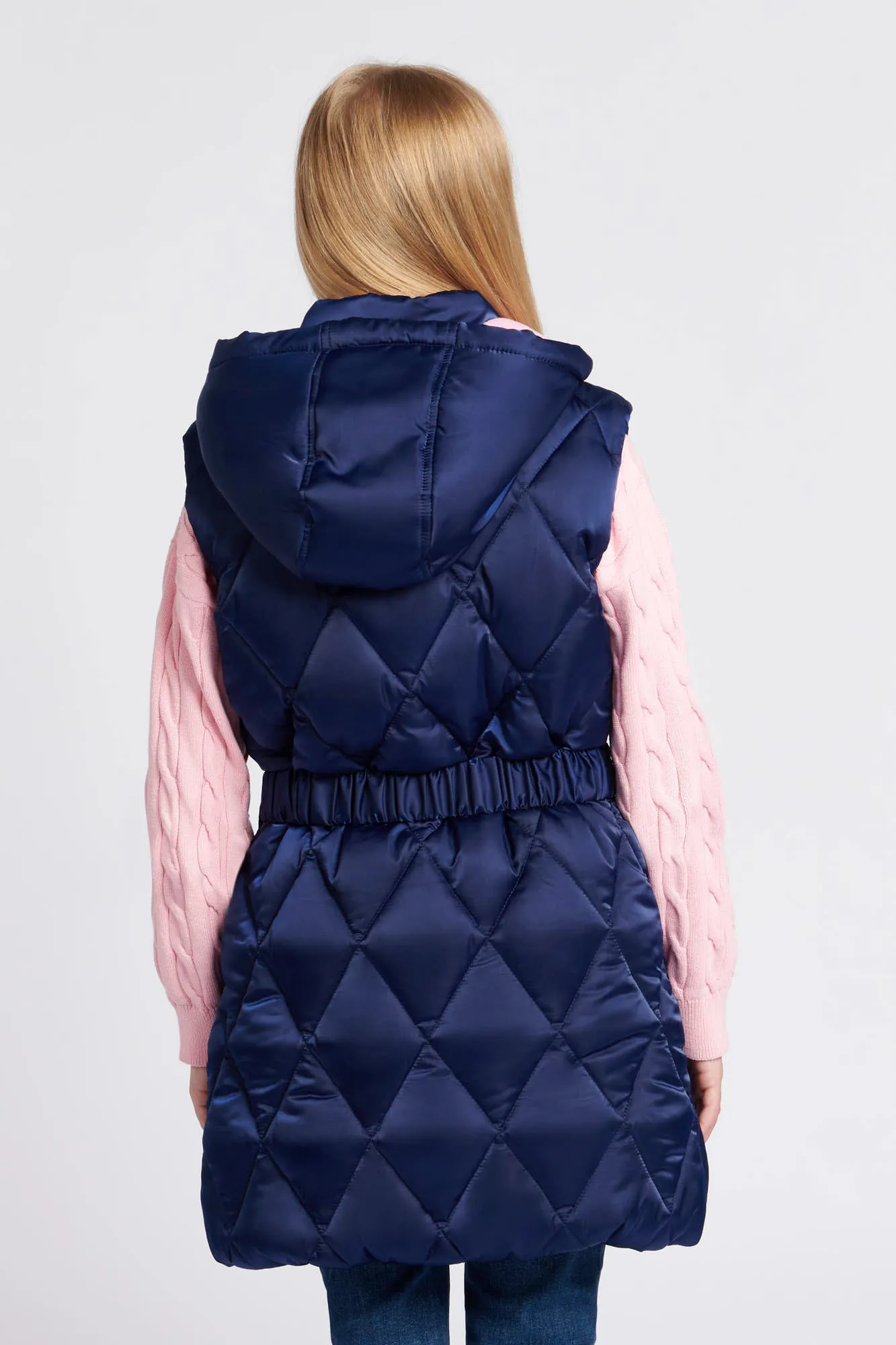 Girls Longline Puffer Gilet in Medieval Blue