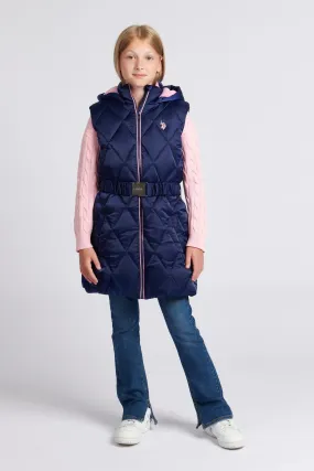 Girls Longline Puffer Gilet in Medieval Blue