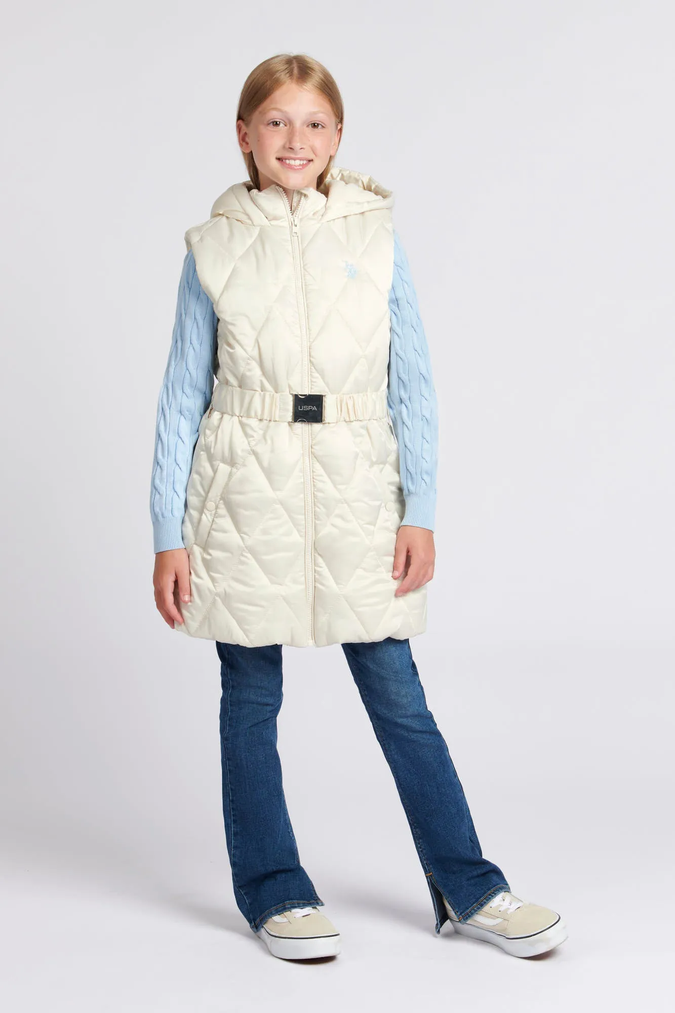 Girls Longline Puffer Gilet in Turtle Dove