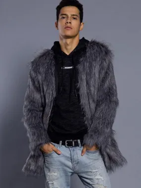 Grey Fuzzy Coat Faux Fur Men Winter Overcoat