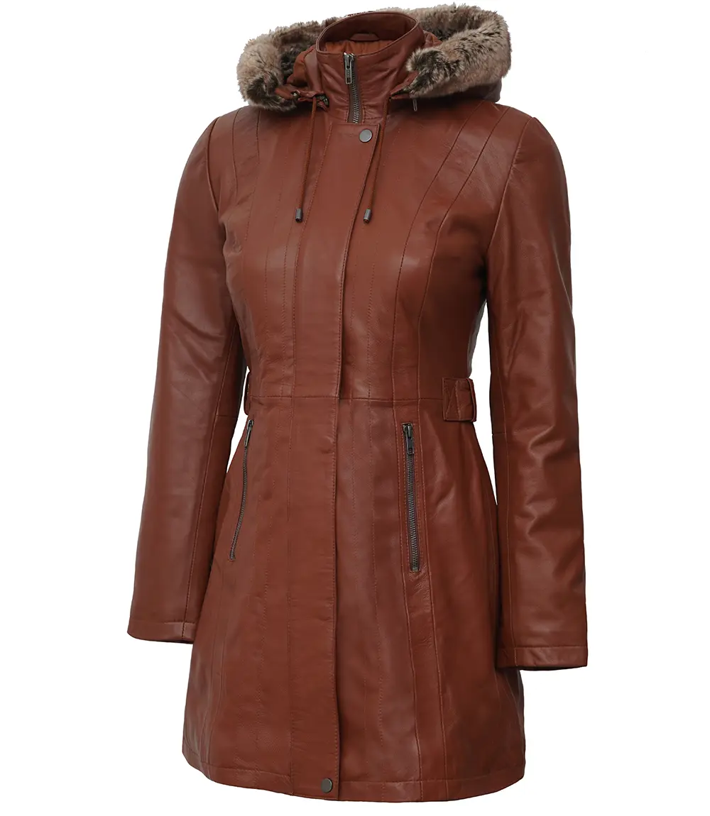 Hooded Brown Leather Long Shearling Coats for Women