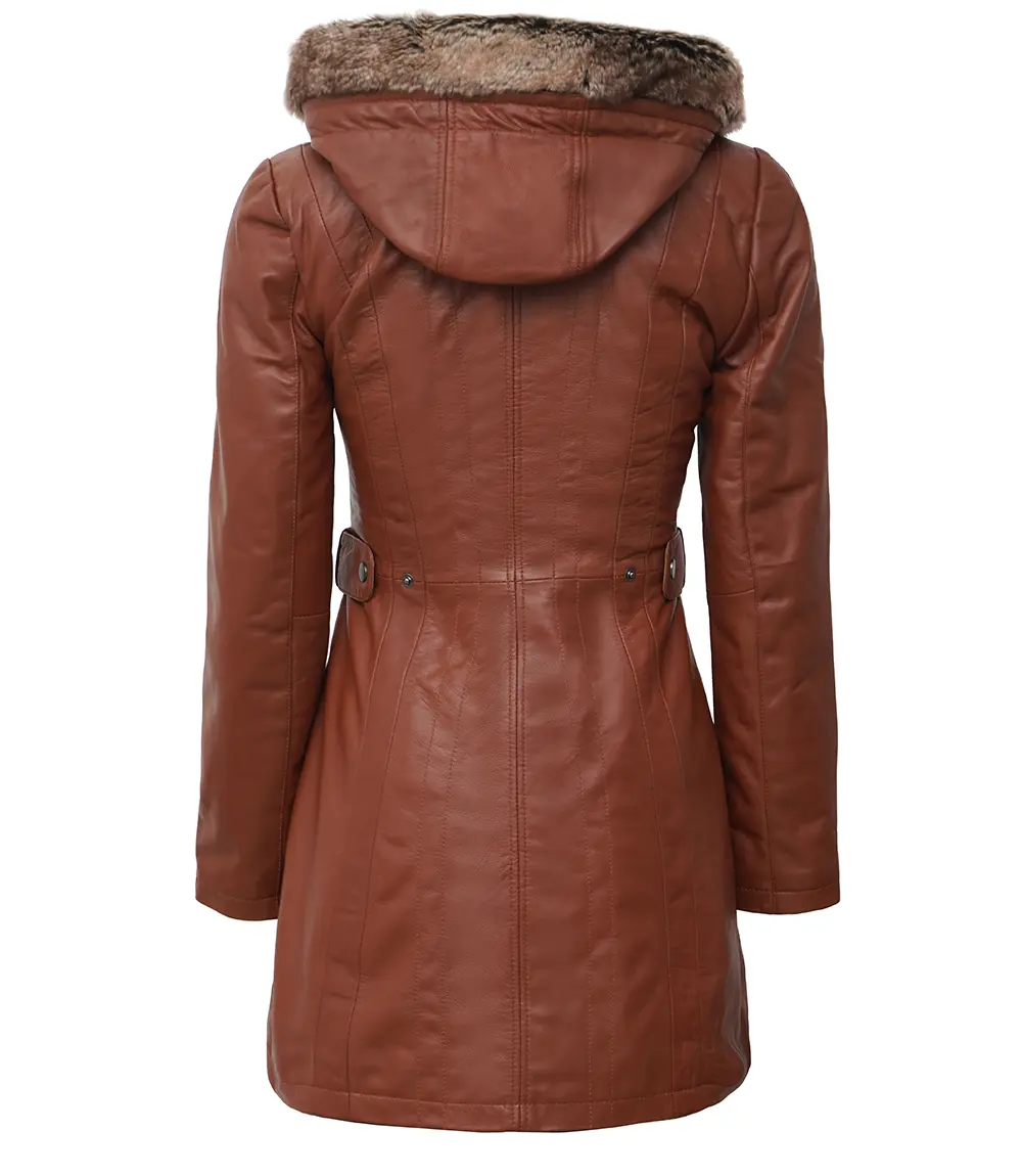 Hooded Brown Leather Long Shearling Coats for Women