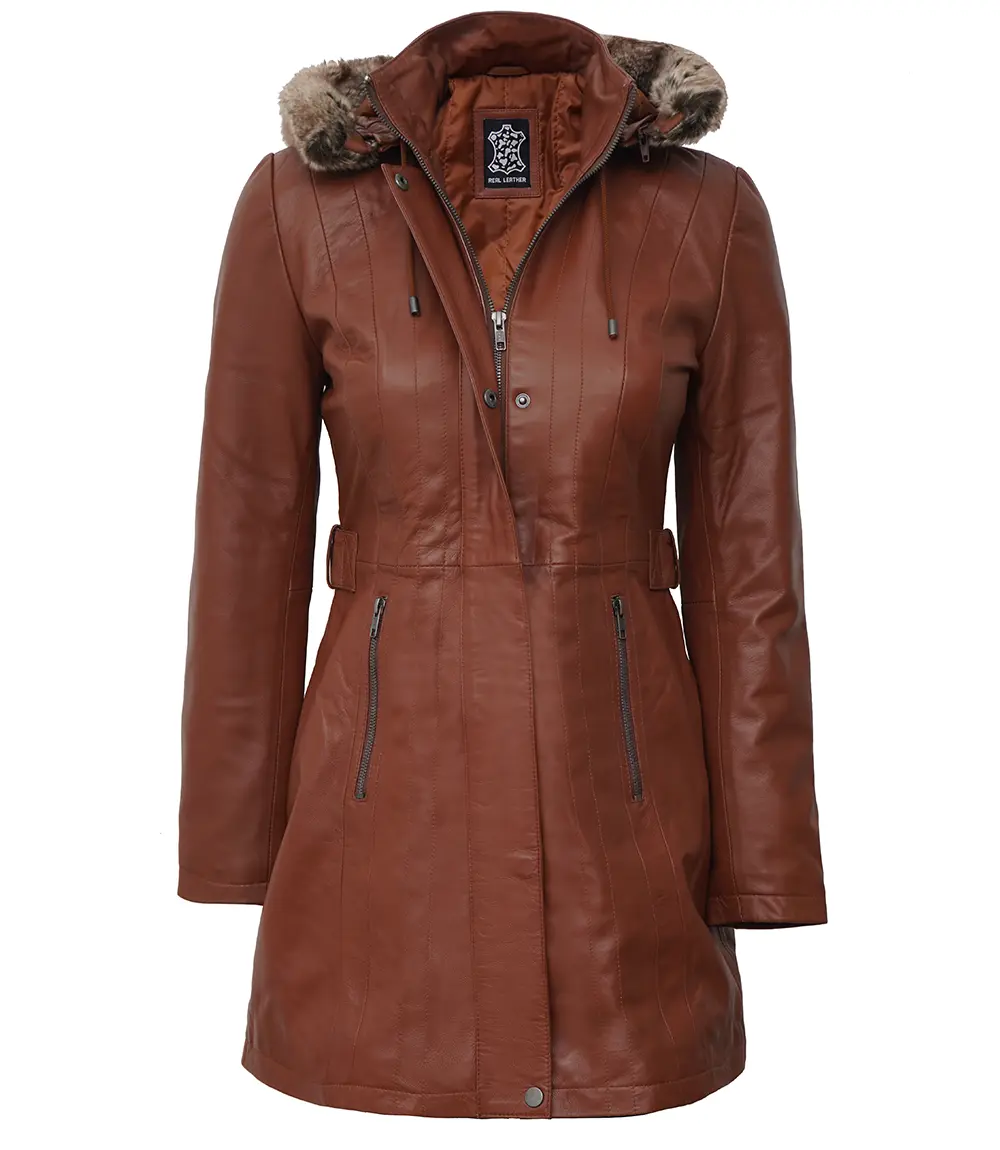 Hooded Brown Leather Long Shearling Coats for Women