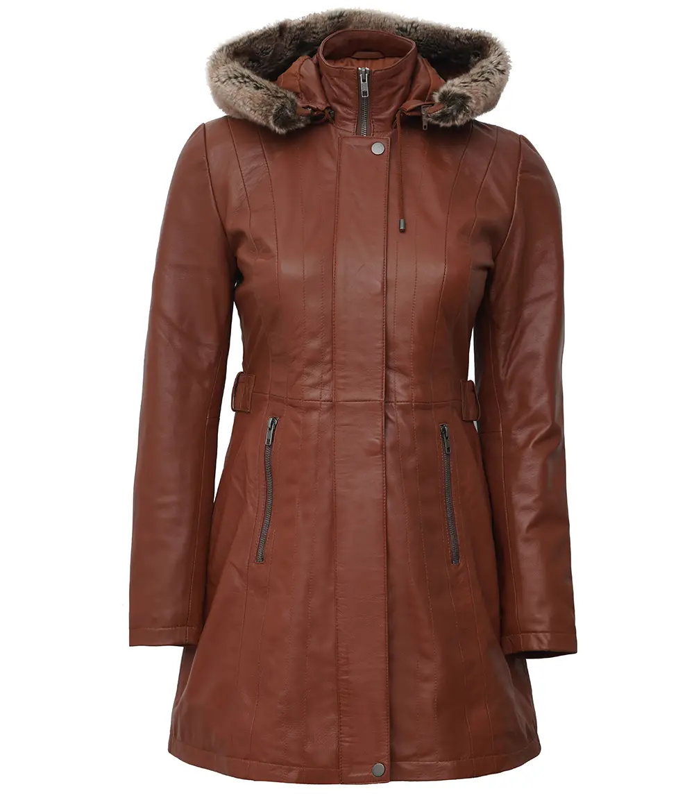 Hooded Brown Leather Long Shearling Coats for Women