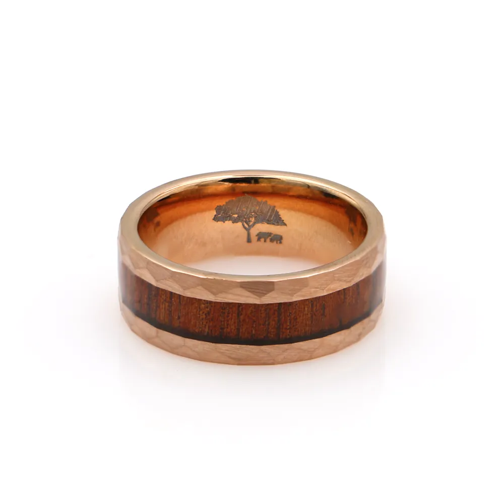 Koa Wood Rose Gold Tungsten Ring Faceted 8mm