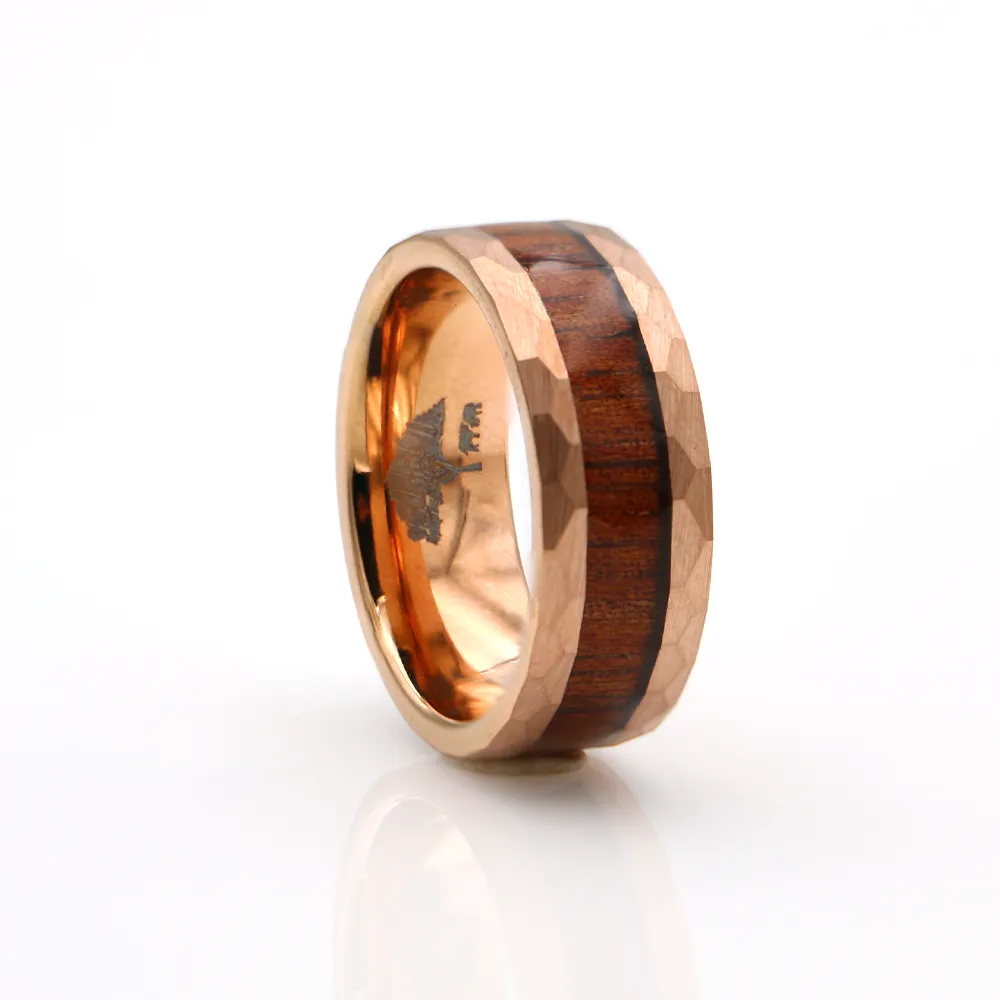 Koa Wood Rose Gold Tungsten Ring Faceted 8mm