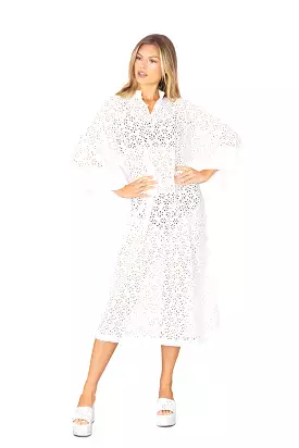 Larroudé X La Vie Style Long Caftan In Light White Laser Cut Daisies