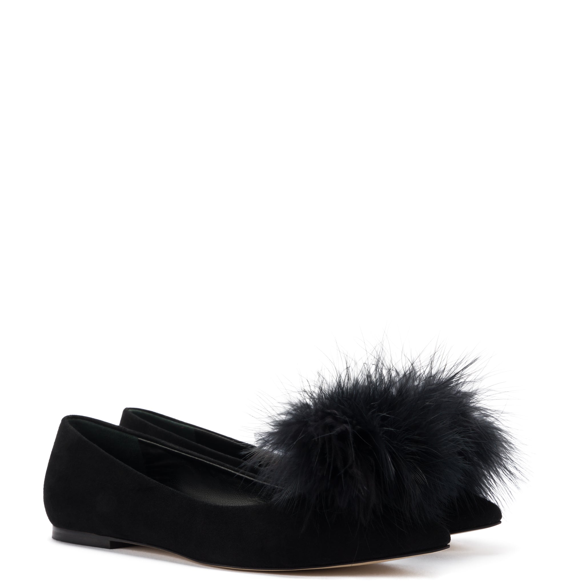 Lee Pompom Flat In Black Suede