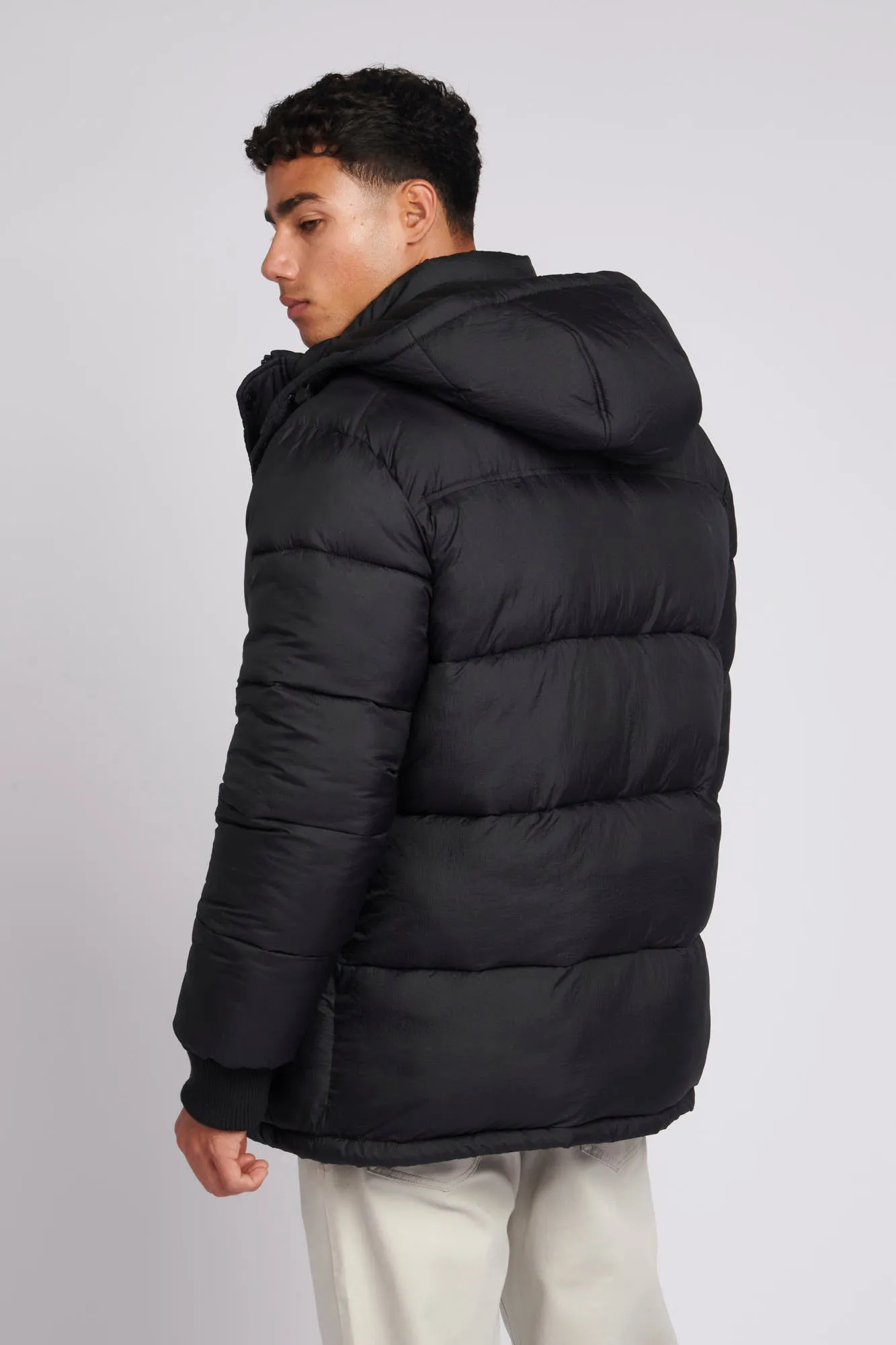 Mens Hooded Quilted Puffer Coat in Black