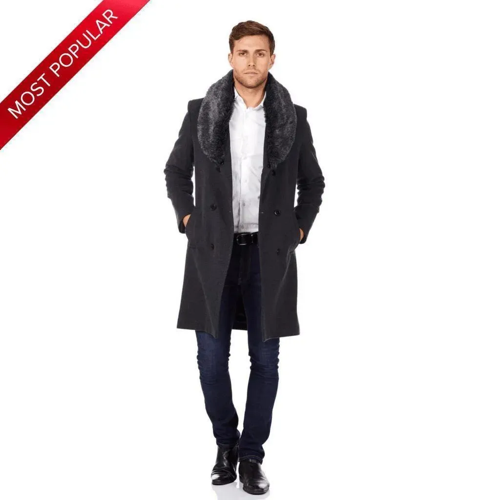 Mens Wool Mix Overcoat With Faux Fur Collar