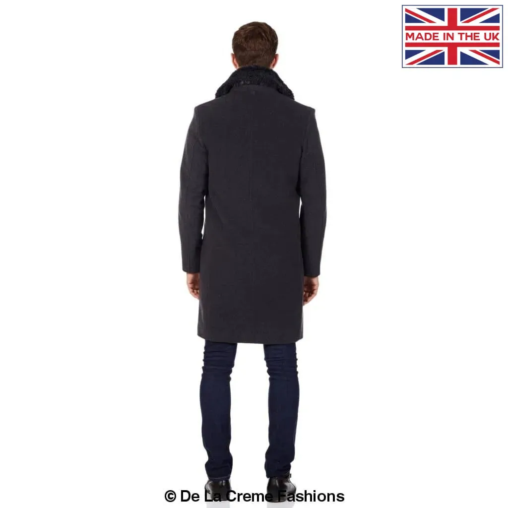 Mens Wool Mix Overcoat With Faux Fur Collar