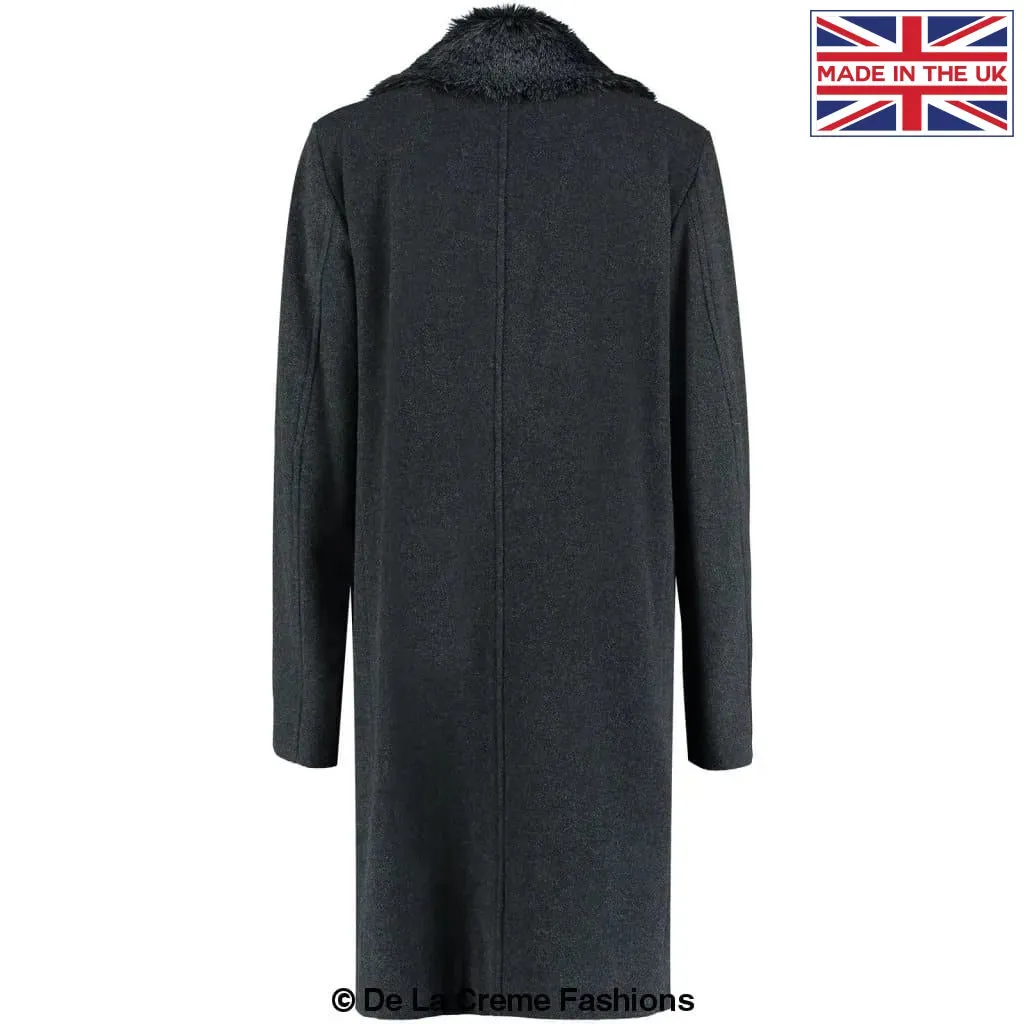 Mens Wool Mix Overcoat With Faux Fur Collar