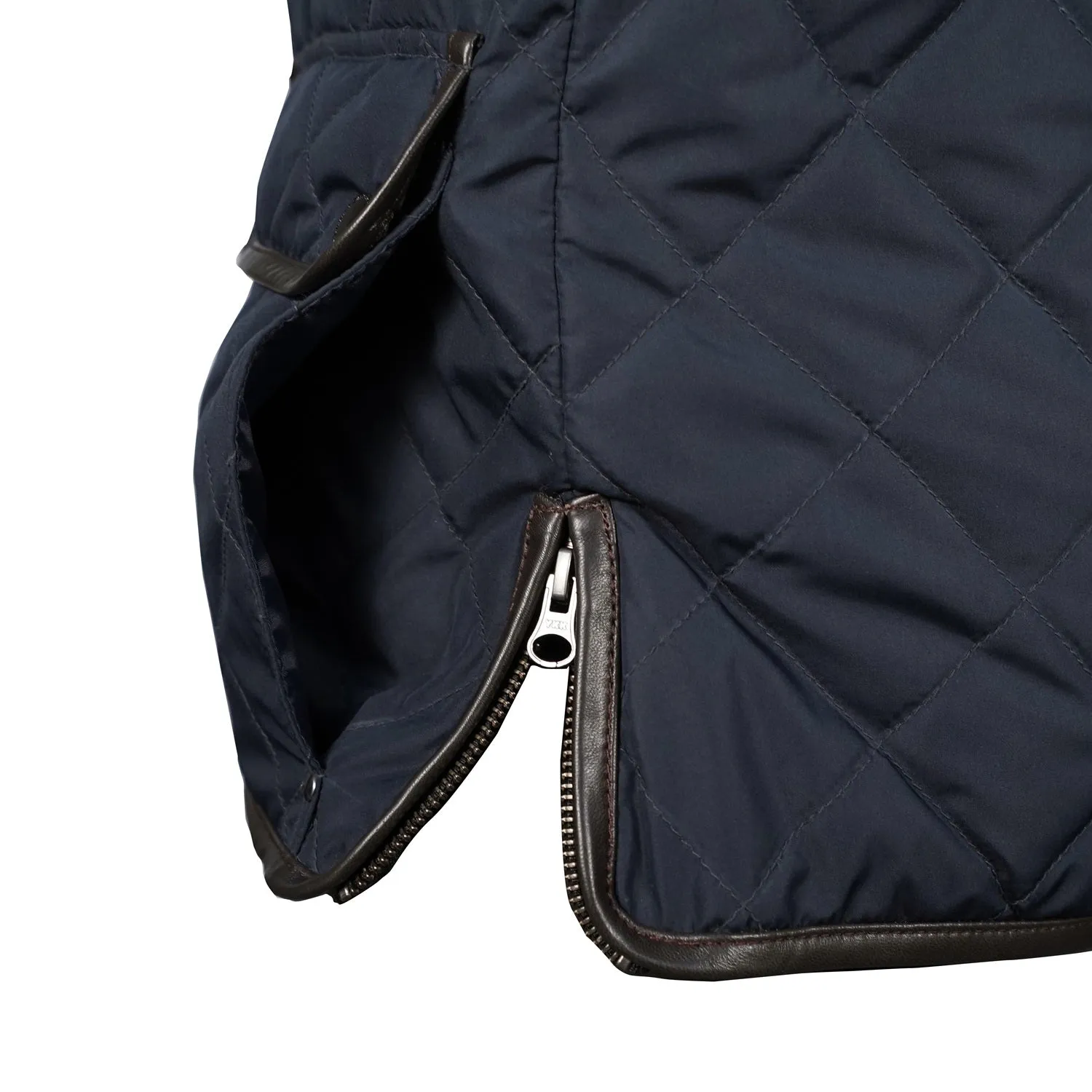 Puffer Navy Blue Vest with Dark Brown Leather Trims