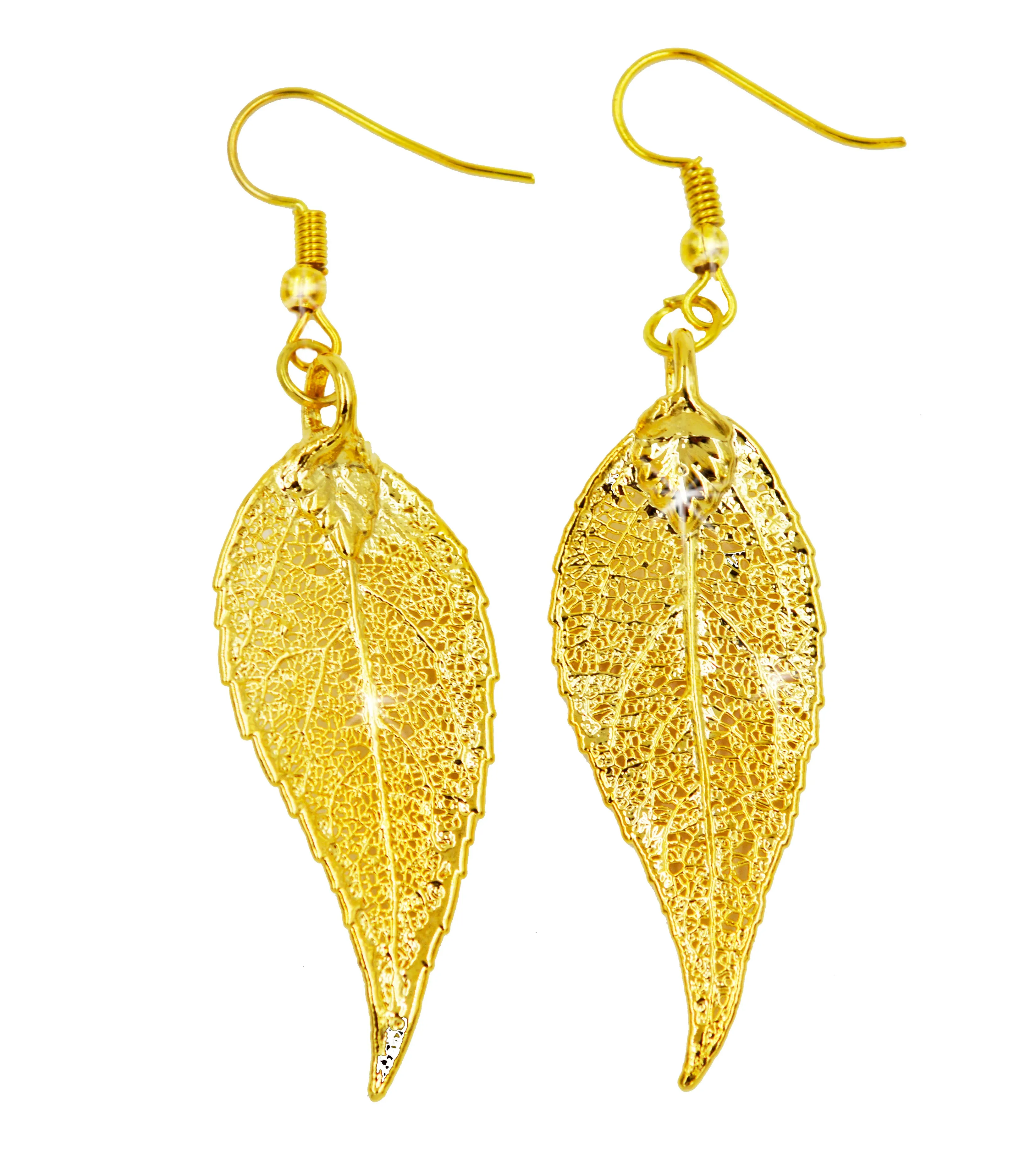 Real Leaf Hook Drop EARRINGS EVERGREEN Dipped in 24K Yellow Gold Genuine Leaf