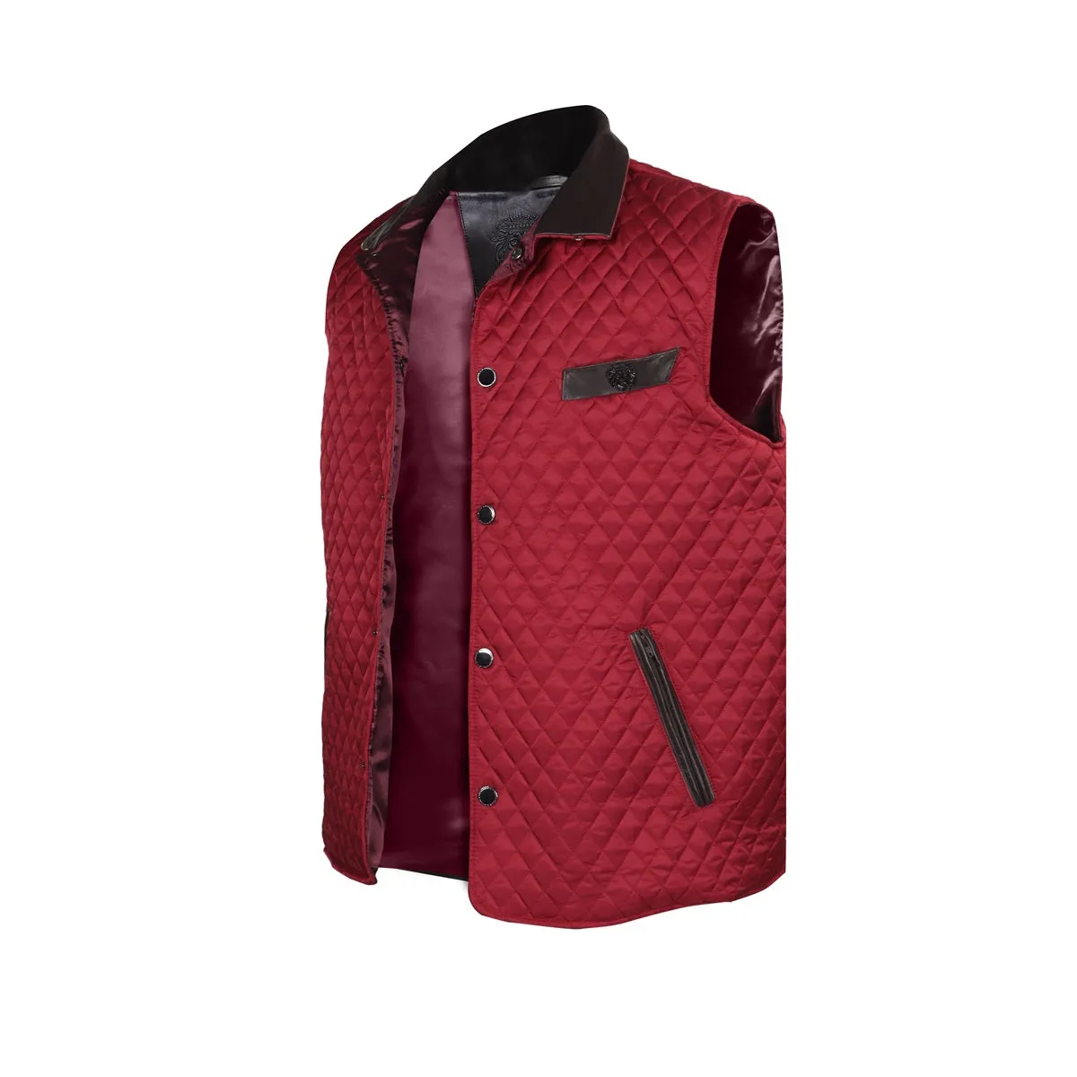 Red Diamond Stitched Puffer Vest with Black Leather Trims Collar & Pockets by Brune & Bareskin