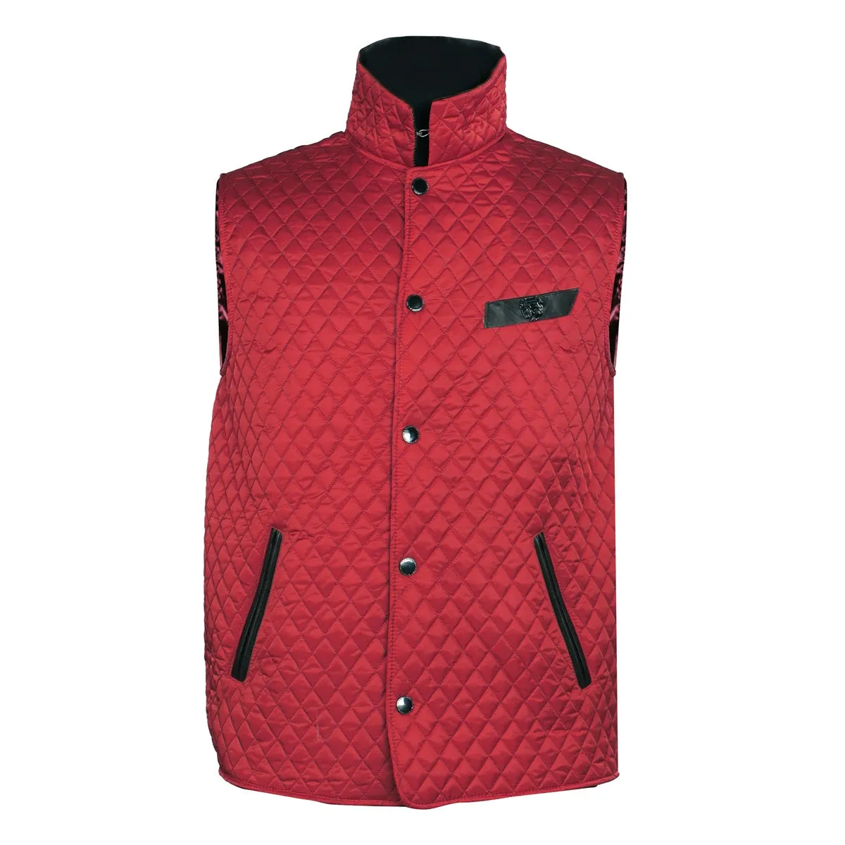 Red Diamond Stitched Puffer Vest with Black Leather Trims Collar & Pockets by Brune & Bareskin